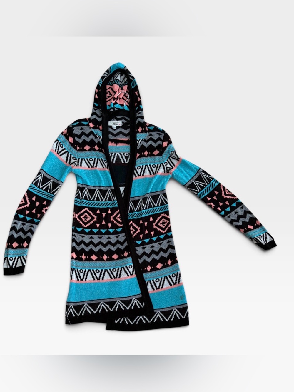 Hooded Open-Front Cardigan with Geometric Stripes - Black, Turquoise & Pink